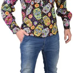 Overig Heren Disco Blouse Seventies Mexican Skulls Zwart