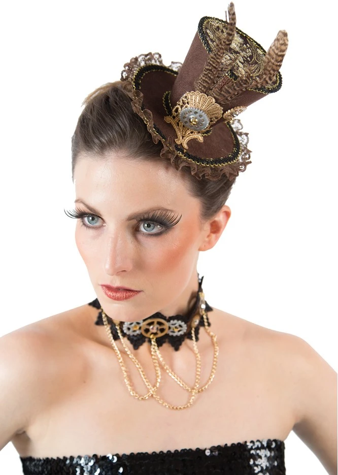 Overig Mini Hoedje Steampunk Bruin Luxe Met Clips 3 Overig Mini Hoedje Steampunk Bruin Luxe Met Clips